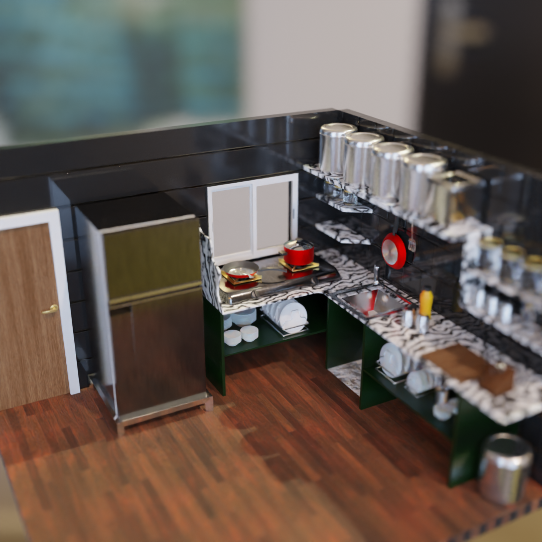 A 3D render of a miniature kitchen